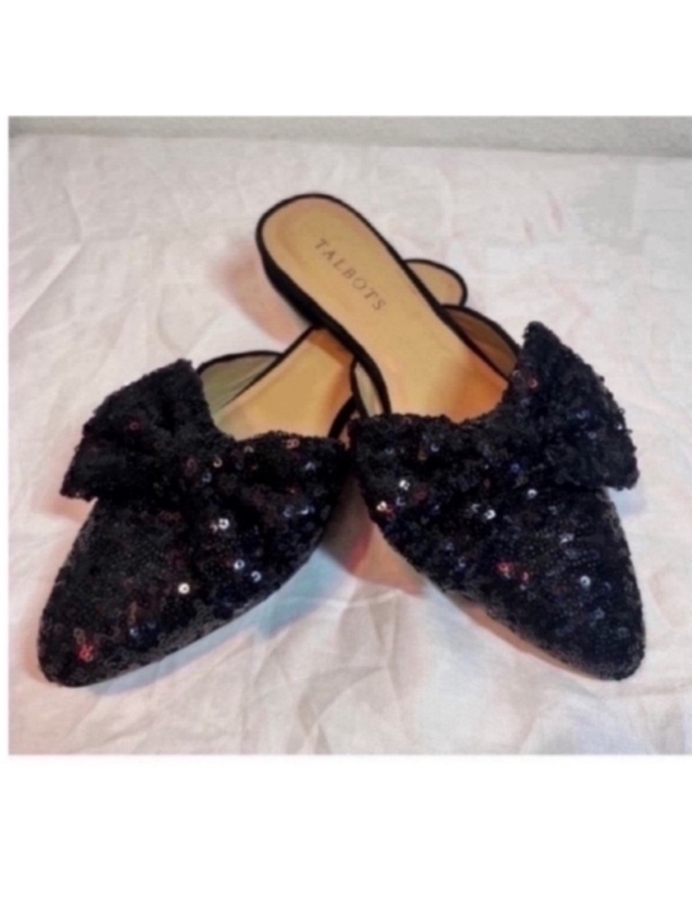 Talbots Black Sequin Bow Pointed Mule Slides